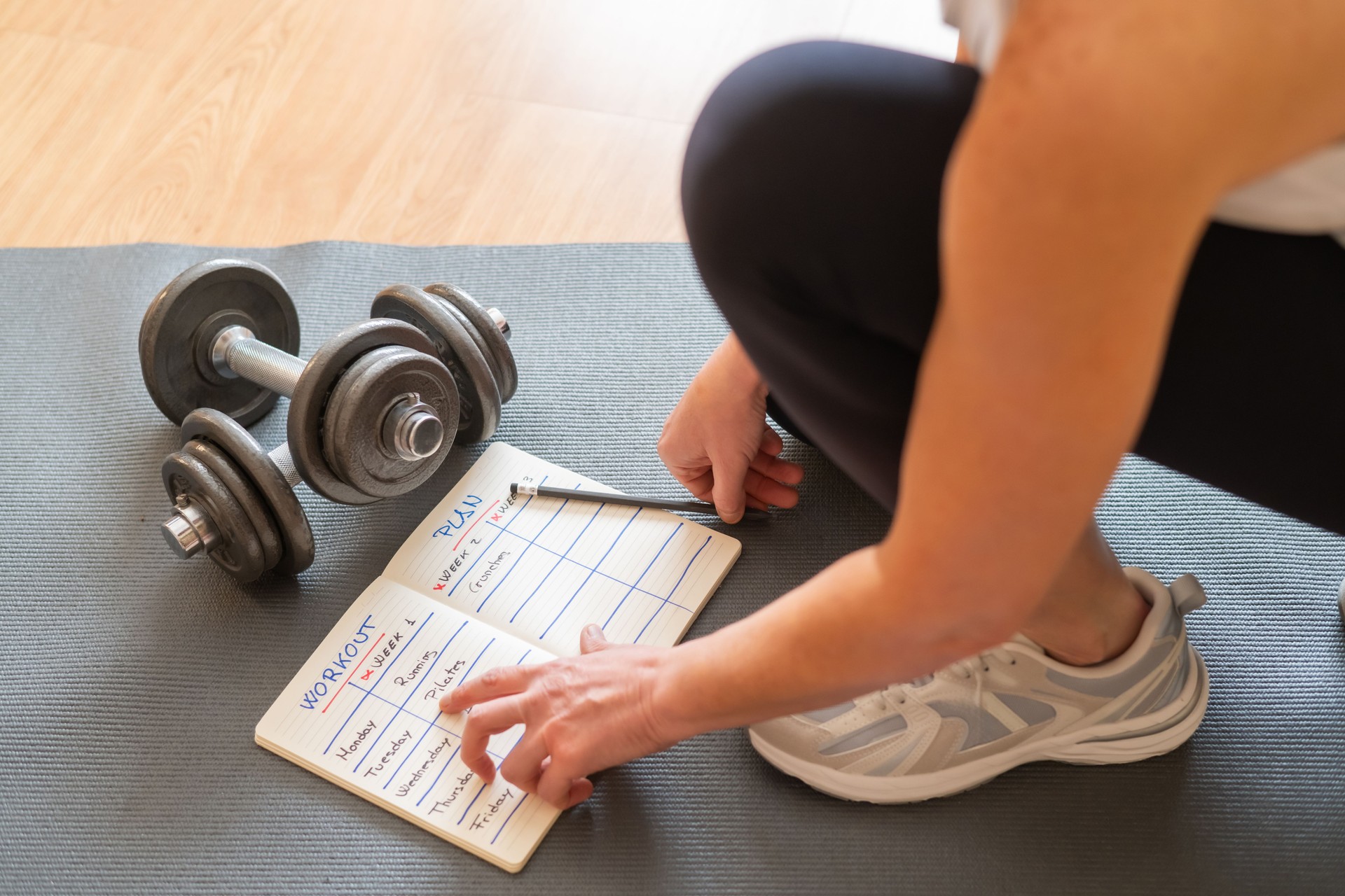 Female Athlete Organizing Fitness Plan On Notepad While Sitting On Yoga Mat With Dumbbells, Creating Healthy Daily And Weekly Exercise Routines, Promoting Active Lifestyle Goals, Morning Motivation